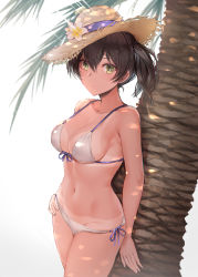 Rule 34 | 1girl, against tree, bare arms, bare shoulders, bikini, bikini tan, blush, breasts, brown hair, cleavage, closed mouth, collarbone, cowboy shot, dappled sunlight, day, flower, front-tie bikini top, front-tie top, hand on own hip, hat, hat flower, hat ornament, highres, interstellar, kaga (kancolle), kantai collection, light rays, looking at viewer, medium breasts, navel, one side up, outdoors, palm tree, purple ribbon, ribbon, short hair, side-tie bikini bottom, solo, stomach, straw hat, string bikini, sunbeam, sunlight, swimsuit, tan, tanline, tree, white bikini, white flower, yellow eyes