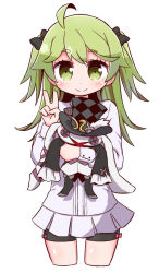 Rule 34 | 1girl, 7th dragon (series), 7th dragon iii, ahoge, argyle, argyle clothes, argyle hat, blouse, blush, button eyes, buttons, chibi, closed mouth, green eyes, green hair, hat, highres, holding, holding stuffed toy, long hair, looking at viewer, naga u, shirt, short shorts, shorts, shuriken, simple background, smile, solo, stuffed animal, stuffed rabbit, stuffed toy, top hat, two side up, v, weapon, white background, white shirt
