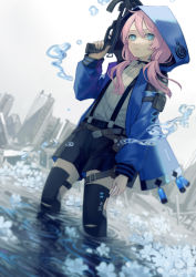 Rule 34 | 1girl, absurdres, arknights, black shirt, black shorts, blue eyes, blue jacket, blue poison (arknights), blue poison (elite ii) (arknights), bow (weapon), cityscape, collared shirt, crossbow, flower, highres, holding, holding crossbow, holding weapon, hood, hooded jacket, jacket, long hair, long sleeves, looking at viewer, low twintails, miike (992058), open clothes, open jacket, parted lips, pink hair, ripples, shirt, shorts, solo, standing, suspender shorts, suspenders, thighhighs, trigger discipline, twintails, wading, water, weapon, white flower, white shirt