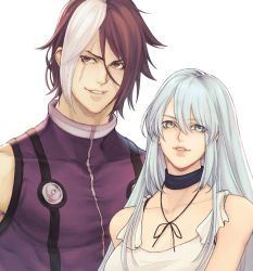 Rule 34 | 1boy, 1girl, biceps, black hair, blue eyes, blue hair, collarbone, couple, dress, facial scar, highres, isolde (kof), ktovhinao, looking at viewer, multicolored hair, muscular, muscular male, nameless (kof), scar, scar on cheek, scar on face, smile, the king of fighters