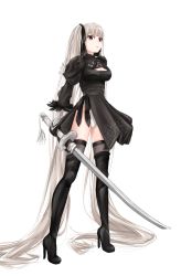 Rule 34 | 1girl, absurdly long hair, absurdres, alternate costume, azur lane, black dress, black footwear, black gloves, black ribbon, black thighhighs, boots, cleavage cutout, clothing cutout, cosplay, dress, feather-trimmed sleeves, formidable (azur lane), gloves, grey hair, hair ribbon, high heel boots, high heels, highres, holding, holding sword, holding weapon, lalachan208, leotard, long hair, long sleeves, nier (series), nier:automata, no blindfold, puffy sleeves, red eyes, ribbon, simple background, solo, sword, thigh boots, thighhighs, thighhighs under boots, twintails, very long hair, weapon, white background, white leotard, 2b (nier:automata), 2b (nier:automata) (cosplay)