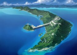 artist_request blue_sky bridge cloud day from_above highres in-universe_location island mountain no_humans ocean official_art outdoors ragnarok_online ruins scenery sky temple water