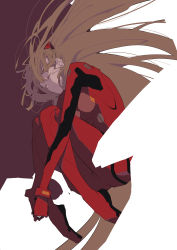 1girl, absurdres, bangs, bodysuit, breasts, brown hair, commentary, eyes closed, floating hair, from side, gloves, hair between eyes, hair ornament, highres, interface headset, long hair, neon genesis evangelion, nico-tine, parted lips, pilot suit, purple background, red bodysuit, red gloves, shaded face, simple background, solo, soryu asuka langley, two-tone background, white background