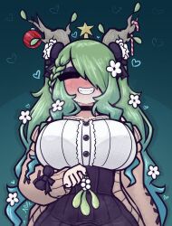 Rule 34 | 1girl, black nails, blush, bow, buttons, candy, candy cane, ceres fauna, christmas ornaments, clenched teeth, closed eyes, flower, food, gradient hair, hair bow, hair ornament, hair over one eye, heart, hololive, hololive english, horns, implied futanari, limebreaker, long hair, mistletoe, multicolored hair, see-through, teeth, twintails