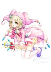Rule 34 | 1girl, ahoge, blonde hair, bow, bowtie, chest cutout, child, clothing cutout, coat, commentary, dot nose, flat chest, flying, fur-trimmed coat, fur-trimmed footwear, fur trim, green eyes, highres, hood, hooded coat, idolmaster, idolmaster cinderella girls, layered skirt, legs, light blush, long sleeves, looking afar, low twintails, navel, navel cutout, parted lips, pink bow, pink bowtie, pink coat, pink skirt, pink thighhighs, pom pom (clothes), purple footwear, regular mow, riding, short hair, signature, skirt, snowflake ornament, solo, thighhighs, thighs, twintails, twitter username, wand, white background, yusa kozue