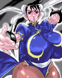 Rule 34 | 1girl, black hair, blush, bracelet, breasts, capcom, china dress, chinese clothes, chun-li, curvy, double bun, dress, female focus, hip focus, huge breasts, jewelry, lips, lowres, pantyhose, solo, spiked bracelet, spikes, street fighter, tamanegiya, wide hips
