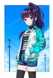 Rule 34 | 1girl, :/, absurdres, black hair, black thighhighs, blue eyes, blue shorts, blue sky, cable, cloud, contrail, cowboy shot, day, earrings, eyebrows, hand in pocket, hieung, high ponytail, highres, jacket, jewelry, lip piercing, looking at viewer, md5 mismatch, multicolored hair, original, piercing, red hair, shirt, short shorts, shorts, sky, solo, striped clothes, striped shirt, thighhighs, two-tone hair