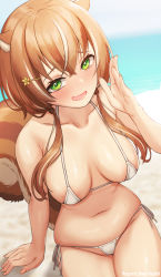 Rule 34 | 1girl, :d, animal ears, ayunda risu, bare arms, bare shoulders, beach, bikini, blush, breasts, brown hair, cleavage, collarbone, commentary, commission, day, english commentary, eyebrows hidden by hair, green eyes, groin, hair ornament, hairclip, hand up, highres, hololive, hololive indonesia, kangbus, large breasts, long hair, looking at viewer, low twintails, micro bikini, multicolored hair, navel, ocean, open mouth, outdoors, panties, ribbon, side-tie bikini bottom, sitting, smile, solo, squirrel ears, squirrel girl, squirrel tail, streaked hair, swimsuit, tail, twintails, two-tone hair, underwear, virtual youtuber, white panties, white ribbon