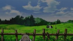 Rule 34 | 1girl, animal, animated, animated gif, axis powers hetalia, bouncing breasts, breasts, close-up, cloud, cow, jiggle, large breasts, outdoors, overalls, silver hair, sky, solo focus, ukraine (hetalia)