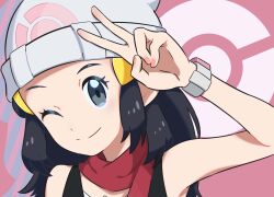 Rule 34 | 1girl, ;), absurdres, beanie, black hair, black shirt, closed mouth, commentary request, creatures (company), dawn (pokemon), eyelashes, game freak, grey eyes, hair ornament, hairclip, hand up, hat, highres, long hair, nail polish, nintendo, nori (hgdm2784), one eye closed, pink nails, poke ball print, pokemon, pokemon dppt, poketch, red scarf, scarf, shirt, sleeveless, sleeveless shirt, smile, solo, split mouth, upper body, v, watch, white hat, wristwatch