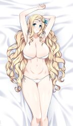 Rule 34 | 1girl, armpits, arms up, bed, bikini, blonde hair, blue eyes, blush, breasts, dakimakura (medium), deuzlul, feet out of frame, female focus, gabriel (high school dxd), gluteal fold, halo, high school dxd, highres, huge breasts, lindaroze, long hair, looking at viewer, lying, on back, on bed, side-tie bikini bottom, solo, swimsuit, thick thighs, thigh gap, thighs, wavy hair, white bikini