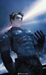 Rule 34 | 1boy, anderain, bara, belt, black belt, black bodysuit, black gloves, black hair, black pants, bodysuit, closed mouth, covered abs, covered erect nipples, covered navel, gloves, heterochromia, highres, large pectorals, male focus, muscular, muscular male, night, night sky, ombra (anderain), original, outdoors, pants, pectorals, rain, red eyes, short hair, skin tight, sky, solo, water drop, weibo watermark, wet, wet clothes, wet hair