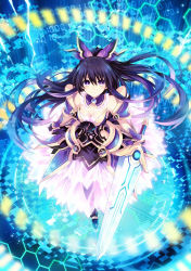 Rule 34 | 10s, 1girl, absurdres, armor, bare shoulders, black hair, blue hair, blush, bow, breasts, cleavage, date a live, detached collar, dress, frills, from above, frown, gauntlets, hexagon, highres, holding, huge weapon, long hair, looking at viewer, multicolored hair, official art, one side up, pauldrons, purple eyes, purple hair, shoulder armor, solo, sword, tsunako, weapon, yatogami tooka
