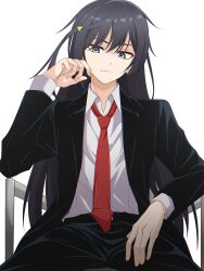 Rule 34 | 1girl, amakuma, black hair, black jacket, black pants, black suit, closed mouth, collared shirt, commentary, english commentary, formal, grey eyes, highres, jacket, long hair, long sleeves, looking down, love live!, love live! nijigasaki high school idol club, necktie, on chair, one side up, open clothes, open jacket, pants, red necktie, shirt, sidelocks, sitting, solo, suit, upper body, white background, white shirt, yuki setsuna (love live!)