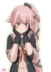 Rule 34 | 1girl, black gloves, black jacket, brown eyes, commentary request, gloves, grey sailor collar, grey skirt, hands on own face, highres, jacket, kantai collection, long hair, looking down, neck ribbon, partially fingerless gloves, pink hair, ponytail, ribbon, sailor collar, school uniform, serafuku, short sleeves, simple background, skirt, solo, t2r, upper body, very long hair, white background, yura (kancolle), yura kai ni (kancolle)