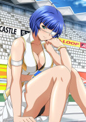Rule 34 | 1girl, alternate costume, arm strap, belt, black panties, blue hair, blunt bangs, bracelet, breasts, cleavage, closed mouth, collarbone, day, eyepatch, green eyes, ikkitousen, jewelry, large breasts, miniskirt, mole, mole under mouth, outdoors, panties, pleated skirt, ryomou shimei, shiny skin, short hair, sitting, skirt, smile, solo, underwear, white skirt, yellow belt