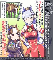 Rule 34 | 2girls, aged down, animal ears, black dress, blunt bangs, book, bow, brown eyes, brown hair, commentary request, cowboy shot, dress, dual persona, ear bow, frilled dress, frills, gloves, gold ship (racehorse), gold ship (umamusume), grey hair, grin, hands on own hips, horse, horse ears, horse girl, horse tail, long hair, multiple girls, notice lines, pillbox hat, purple eyes, red dress, sakazaki freddy, smile, tail, time paradox, translation request, umamusume, white gloves