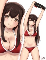Rule 34 | akagi (kancolle), alternate costume, artist name, blush, bra, breasts, brown eyes, brown hair, cleavage, highres, kantai collection, large breasts, long hair, looking at viewer, midriff, multiple views, navel, nintendo switch, panties, pethimon, pout, red bra, red panties, ring-con, ring fit adventure, simple background, standing, straight hair, underwear, underwear only, white background