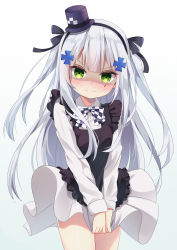 Rule 34 | 1girl, absurdres, aged down, black bow, black dress, black hairband, blush, bow, breasts, checkered bow, checkered clothes, child, closed mouth, collared shirt, commentary, covering crotch, covering privates, cowboy shot, dress, girls&#039; frontline, gradient background, green eyes, grey background, hair bow, hair ornament, hairband, hat, highres, hk416 (black kitty&#039;s gift) (girls&#039; frontline), hk416 (girls&#039; frontline), ikazu401, large breasts, long hair, looking at viewer, mini hat, mini top hat, nose blush, pleated dress, purple hat, shaded face, shirt, silver hair, skirt, sleeves past wrists, solo, tilted headwear, top hat, two side up, v-shaped eyebrows, very long hair, white background, white shirt, white skirt