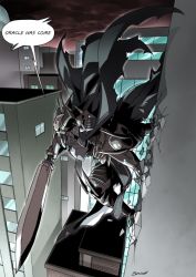 Rule 34 | 1boy, armor, artist name, black cloak, building, cloak, cloud, cloudy sky, crack, cracked wall, eiri (eirri), english text, fate/grand order, fate (series), glowing, glowing eyes, holding, holding sword, holding weapon, horns, king hassan (fate), male focus, outdoors, signature, skull, sky, skyscraper, solo, spikes, sword, weapon