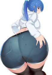 Rule 34 | 1girl, absurdres, ass, ass focus, belt, bent over, black belt, black thighhighs, blue eyes, blue hair, blue shorts, blush, closed mouth, commentary request, commission, from behind, hand on own ass, highres, huge ass, long hair, long sleeves, looking at viewer, looking back, maruyaa (malya1006), original, ponytail, shorts, simple background, skeb commission, solo, thighhighs, thighs, white background