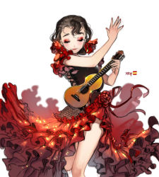 Rule 34 | 1girl, acoustic guitar, brown hair, closed eyes, dancing, dress, earrings, eyeliner, flamenco, flower, frilled dress, frills, guitar, hair ornament, happy, instrument, jewelry, kawacy, lipstick, makeup, music, nail polish, original, playing instrument, rose, simple background, smile, solo, spain, spanish flag, sparkle, white background