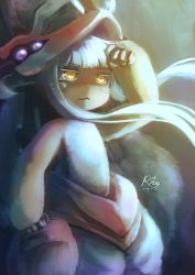 Rule 34 | 1other, :&lt;, blunt bangs, closed mouth, commentary request, dated, ears through headwear, floating hair, furry, hand up, hat, highres, horizontal pupils, horns, made in abyss, nanachi (made in abyss), pants, ria (efikrisia), sidelocks, signature, solo, standing, topless, white hair, yellow eyes