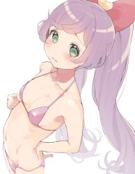 Rule 34 | 1girl, bikini, blush, bow, breasts, commentary request, green eyes, hand on own hip, highres, hyakumangoku masurao, long hair, looking at viewer, manaka laala, pretty series, pripara, purple bikini, purple hair, red bow, simple background, small breasts, solo, sweat, swimsuit, twintails, very long hair, white background
