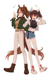 Rule 34 | 2girls, animal ears, belt, black shirt, blush, boots, breasts, brown footwear, brown hair, commentary, cutoffs, daitaku helios (umamusume), denim, denim shorts, fang, full body, green eyes, green jacket, hair ornament, hairclip, hand in pocket, hand up, high tops, highres, horse ears, horse girl, horse tail, jacket, locked arms, long hair, long sleeves, looking at viewer, medium breasts, medium hair, mejiro palmer (umamusume), midriff, multicolored hair, multiple girls, one eye closed, open mouth, pants, rio (rio 067), shirt, shirt tucked in, shoes, shorts, side ponytail, smile, sneakers, standing, star (symbol), symbol-only commentary, tail, two-tone hair, umamusume, v, v over eye, w, white background, white footwear, white jacket, white pants, yellow shirt