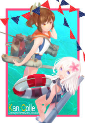 Rule 34 | 10s, 2girls, ako (opelia), anti-aircraft, anti-aircraft gun, blonde hair, blouse, blue eyes, blue one-piece swimsuit, brown eyes, brown hair, bunting, copyright name, crop top, flower, from behind, hair flower, hair ornament, hairclip, highres, holding, holding swim ring, i-401 (kancolle), innertube, kantai collection, lifebuoy, long hair, looking at viewer, machinery, multiple girls, one-piece swimsuit, one-piece tan, open mouth, orange sailor collar, pennant, ponytail, ro-500 (kancolle), sailor collar, sandals, school swimsuit, shirt, short ponytail, sleeveless, sleeveless shirt, string of flags, swim ring, swimsuit, swimsuit under clothes, tan, tanline, torpedo, white shirt