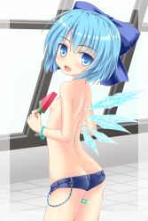 Rule 34 | 1girl, ass, back, bandaid, blue eyes, blue hair, blush, bow, bracelet, breasts, butt crack, cirno, food, hair bow, highres, jewelry, looking back, lowleg, lowleg shorts, matching hair/eyes, noveske n4, open mouth, popsicle, rei no pool, short hair, short shorts, shorts, small breasts, solo, topless, touhou, watermelon bar, wings