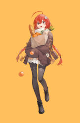 Rule 34 | 1girl, :o, absurdres, ahoge, bag, black footwear, black pantyhose, boots, bow, braid, bread, commentary, flower, food, fruit, full body, hair flower, hair ornament, hairclip, handbag, highres, holding, holding bag, kobuta, legs, long hair, long sleeves, looking at viewer, open mouth, orange (fruit), orange background, original, oversized clothes, pantyhose, paper bag, pleated skirt, red hair, shoulder bag, simple background, single braid, skirt, sleeves past wrists, solo, standing, sweater, symbol-only commentary, tongue, twin braids, very long hair, very long sleeves, white skirt