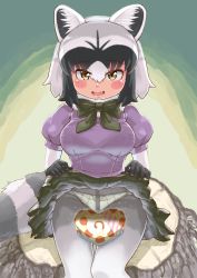 Rule 34 | 1girl, animal ear fluff, animal ears, black hair, black skirt, blush, bow, bowtie, box, clothes lift, common raccoon (kemono friends), crotch seam, elbow gloves, fang, fur collar, gift, gift box, gloves, grey hair, grey pantyhose, hair between eyes, highres, kemono friends, lifted by self, looking at viewer, medium hair, multicolored hair, open mouth, panties, panties under pantyhose, pantyhose, puffy short sleeves, puffy sleeves, purple sweater, raccoon ears, raccoon tail, shiru boo ookami, short-sleeved sweater, short sleeves, sitting, skirt, skirt lift, smile, solo, sweater, tail, underwear, white hair, yellow eyes