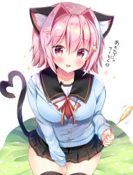 Rule 34 | 1girl, adapted costume, animal ears, between legs, black sailor collar, black skirt, black thighhighs, blue cardigan, cardigan, cat ears, cat tail, cat teaser, commentary request, cushion, fang, hair intakes, hand between legs, heart, heart print, highres, kantai collection, long sleeves, masayo (gin no ame), neckerchief, open mouth, pink hair, pleated skirt, red eyes, sailor collar, school uniform, serafuku, short hair, simple background, sitting, skin fang, skirt, smile, solo, sparkle, tail, tama (kancolle), tama kai ni (kancolle), thighhighs, translated, white background