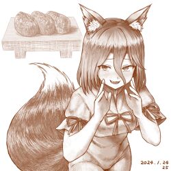 Rule 34 | 1girl, animal ears, blush, commentary request, dated, fang, food, fox ears, fox girl, fox tail, greyscale, hair between eyes, inarizushi, jumpsuit, kudamaki tsukasa, looking at viewer, monochrome, nokimenayu, open mouth, short sleeves, smile, solo, sushi, tail, touhou