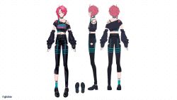 Rule 34 | 1boy, aqua socks, asymmetrical bangs, asymmetrical pants, black choker, black footwear, black nails, black pants, black shirt, character sheet, choker, closed mouth, clothing cutout, collarbone, commentary, copyright name, crop top, detached sleeves, english commentary, fingernails, globie, green eyes, green hair, highres, multicolored hair, multiple views, navel, obari luca, official art, pants, pink hair, print shirt, second-party source, shinoi111, shirt, shoes, single sock, smile, socks, two-tone hair, virtual youtuber, white background