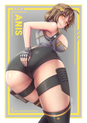 Rule 34 | 1girl, ahoge, anis (nikke), artist request, ass, ass focus, bare shoulders, blush, breasts, brown hair, embarrassed, fingerless gloves, from behind, gloves, goddess of victory: nikke, hair ornament, hairclip, hand on own ass, highres, holster, huge ass, large breasts, leaning, leaning forward, looking at viewer, orange eyes, shiny clothes, shiny skin, short hair, short shorts, shorts, sideboob, solo, sweat, thick thighs, thigh holster, thighhighs, thighs