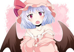 Rule 34 | 1girl, bad id, bad pixiv id, bare shoulders, bat wings, blue hair, blush, commentary request, hammer (sunset beach), hat, looking at viewer, mob cap, open mouth, red eyes, remilia scarlet, short hair, solo, strap slip, touhou, upper body, vampire, wings