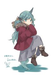 Rule 34 | 1girl, alternate costume, blush, boots, brown footwear, brown scarf, casual, commentary request, contemporary, fur-trimmed boots, fur trim, green eyes, green hair, grey skirt, hand up, highres, hood, hooded jacket, horns, invisible chair, jacket, komano aunn, long hair, looking at viewer, plaid, plaid scarf, plaid skirt, red jacket, scarf, simple background, single horn, sitting, skirt, sleeves past fingers, sleeves past wrists, solo, tail, touhou, toutenkou, translation request, unmoving pattern, white background