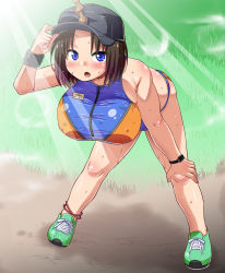 Rule 34 | 1girl, :o, anklet, bare legs, bare shoulders, bent over, black hat, blue eyes, breasts, brown hair, buruma, copyright name, crop top, day, dragon girl, dragon horns, elma (maidragon), grass, green footwear, hand on own knee, hat, highres, holding, holding clothes, holding hat, horns, jewelry, kobayashi-san chi no maidragon, large breasts, lens flare, looking at viewer, shiny skin, shoes, short hair, sideboob, skindentation, sneakers, solo, sports bra, sportswear, spread legs, standing, sweat, track uniform, two-tone sports bra, utamaro, watch, zipper