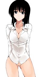 Rule 34 | 00s, 1girl, arms behind back, black eyes, black hair, blush, bottomless, breasts, cleavage, cosaten, dress shirt, large breasts, long hair, no pussy, school rumble, school uniform, shirt, simple background, solo, suou mikoto (school rumble), sweatdrop, white background, white shirt
