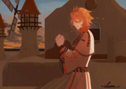 Rule 34 | 1boy, braid, closed eyes, closed mouth, earrings, fire emblem, fire emblem engage, highres, house, jewelry, long sleeves, looking to the side, male focus, nintendo, orange hair, own hands clasped, own hands together, pandreo (fire emblem), praying, priest, robe, short hair, sion fe, solo, stairs, standing, windmill