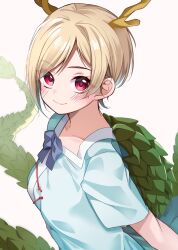 Rule 34 | 1girl, antlers, blonde hair, blue shirt, blush, dragon girl, dragon horns, dragon tail, highres, horns, kicchou yachie, looking at viewer, meimei (meimei89008309), red eyes, shirt, short hair, smile, square neckline, tail, touhou, turtle shell, yellow horns