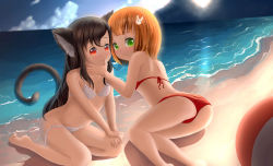 Rule 34 | 2girls, ass, barefoot, beach, bikini, breasts, child, cleavage, cloud, day, dkoro, eyebrows, feet, hair ornament, hairclip, long hair, looking at viewer, multiple girls, original, outdoors, sand, shadow, sky, small breasts, smile, sun, swimsuit, tail, water