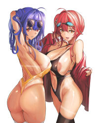 Rule 34 | 2girls, adapted costume, areola slip, ass, aviator sunglasses, azur lane, back, bare shoulders, bikini tan, black legwear, black one-piece swimsuit, blue hair, blush, breasts, choker, cleavage, collarbone, eyewear on head, goggles, goggles on head, highleg, highleg swimsuit, highres, jacket, large areolae, large breasts, long hair, long sleeves, looking at viewer, looking back, multiple girls, navel, off shoulder, official alternate costume, one-piece swimsuit, open clothes, open jacket, open mouth, orange eyes, pola (azur lane), pola (seaside coincidence) (azur lane), red eyes, red hair, red jacket, side ponytail, sideboob, smile, sunglasses, swimsuit, tan, tanline, thighhighs, thighs, twintails, white legwear, yusha m, zara (azur lane), zara (poolside coincidence) (azur lane)