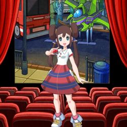 Rule 34 | 1girl, :d, aqua eyes, bright pupils, brown hair, buttons, collared shirt, commentary, creatures (company), curtains, double bun, game freak, hair bun, hand up, highres, holding, holding poke ball, indoors, knees, looking at viewer, movie theater, nintendo, open mouth, poke ball, poke ball (basic), pokemon, pokemon bw2, pokemon masters ex, pokestar studios, red skirt, rosa (pokemon), seat, self-upload, shirt, shoes, short sleeves, sidelocks, skirt, smile, sneakers, solo, source request, twintails, white pupils, white shirt