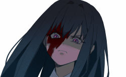 Rule 34 | 1girl, angry, black hair, blood, blood on face, closed mouth, commentary request, highres, inoue takina, long hair, longshengyan, lycoris recoil, portrait, purple eyes, shirt, simple background, solo, white background, wide-eyed