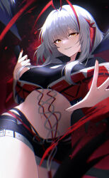 1girl absurdres antenna_hair arknights black_shorts blurry chromatic_aberration cowboy_shot crop_top cross-shaped_pupils fingernails hair_between_eyes highres hyeroin long_fingernails looking_at_viewer medium_hair midriff multicolored_hair navel outstretched_arm reaching reaching_towards_viewer red_hair sharp_fingernails short_shorts shorts smile solo standing streaked_hair symbol-shaped_pupils w_(arknights) white_hair wis&#039;adel_(arknights) yellow_eyes