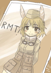 Rule 34 | 1girl, :3, arms behind back, blush stickers, garrison cap, goggles, goggles around neck, hat, head wings, higezamurai (kurage gunsou), photo (object), raisa pottgen, short hair, smile, solo, strike witches, twitter username, uniform, wings, witches of africa, world witches series
