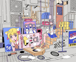 Rule 34 | 1girl, air conditioner, animal ears, apron, bandaid, broom, brown footwear, cardboard, cat ears, cat tail, drain (object), graffiti, highres, holding, holding paper, industrial pipe, looking at viewer, maid headdress, original, paper, poster (object), satou odori, sign, sitting, sitting on stairs, socks, solo, stairs, tail